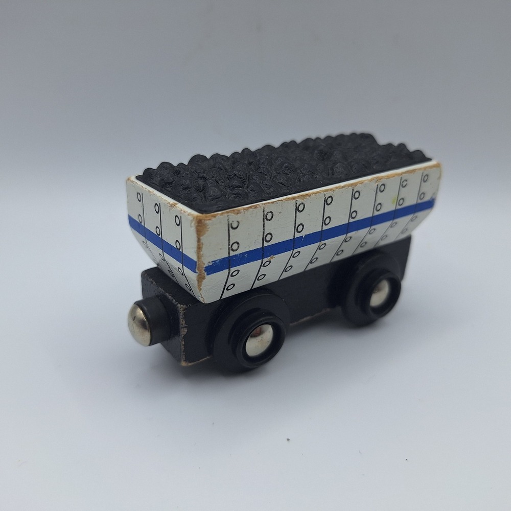 Wooden Toy Train Coal‎ Car With Black Coal Load Blue Stripes Magnetic Vintage